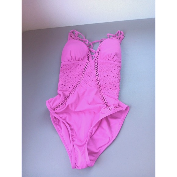 Ambrielle Swimsuit Womens Medium Bright Pink Onepiece Strappy Eyelet Barbicore - Picture 1 of 4